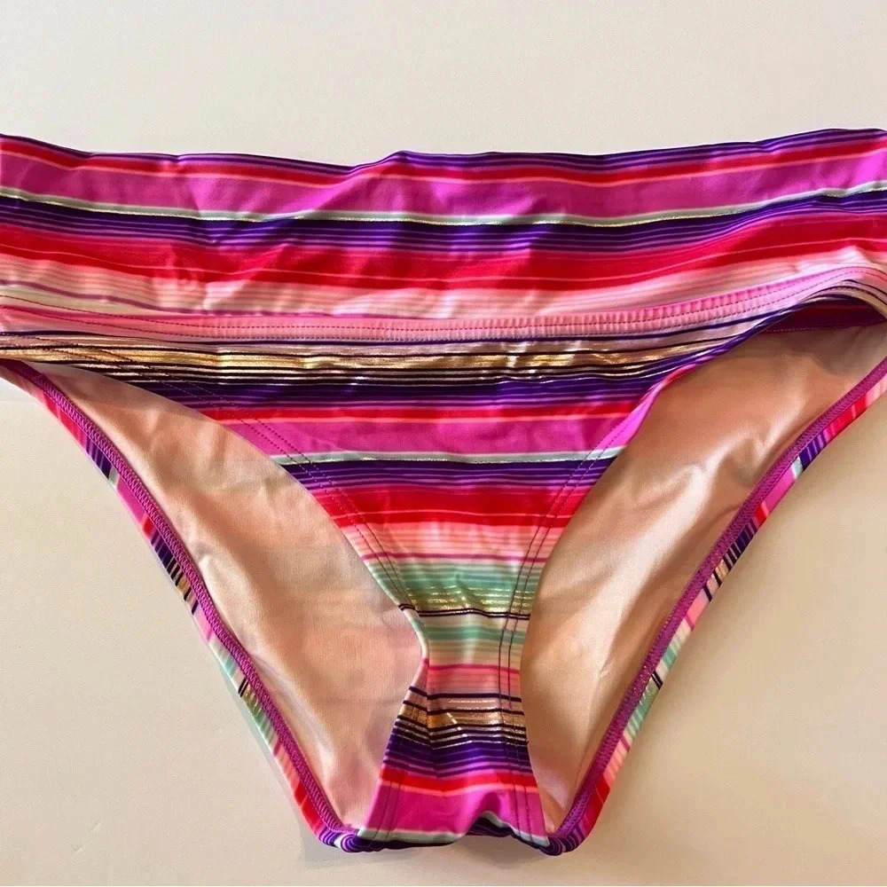 Victoria's Secret Striped Bikini Bottom Fold Over Size Small Multi Color Y2K - Picture 2 of 4
